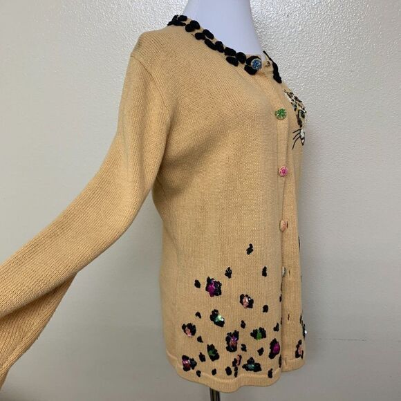 Storybook Knit Embellished Sequined Cheetah Cardigan Small Tan - Picture 8 of 13